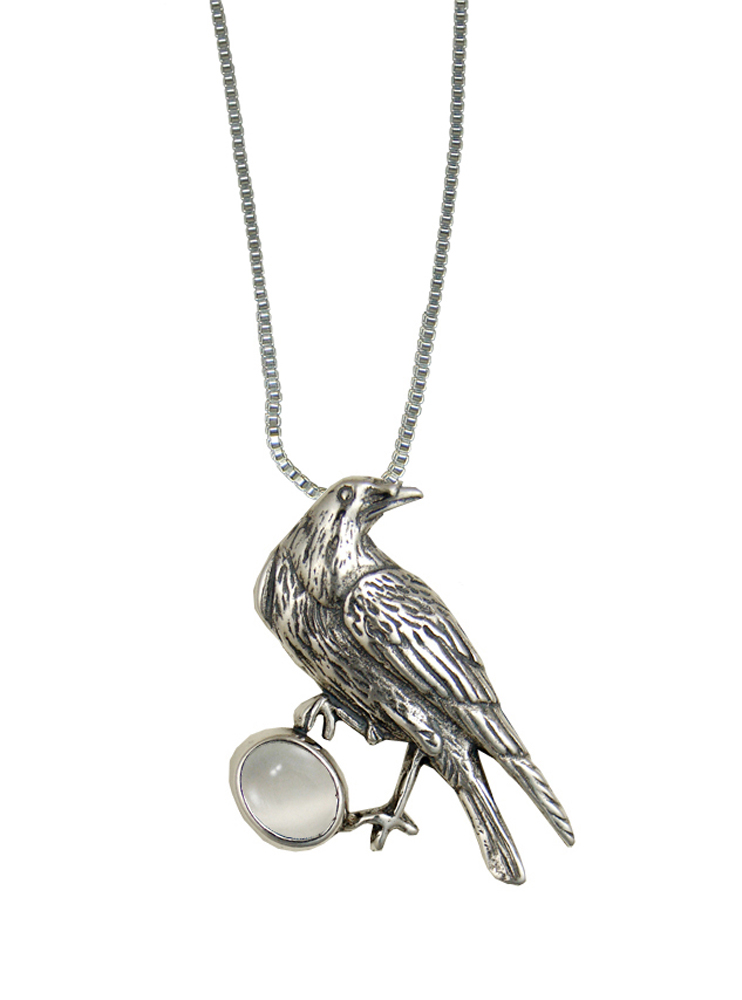 Sterling Silver Raven Pendant With White Moonstone